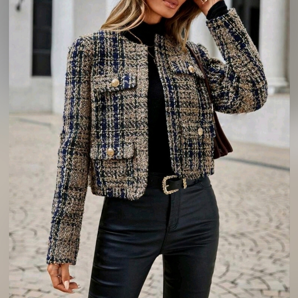 New Luxe Plaid Tweed Jacket Blazer Tan Blue Black